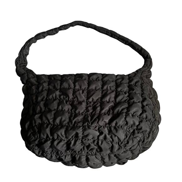Black Quilted Puffer Shoulder Crossbody Hobo Bag - Picture 1 of 11